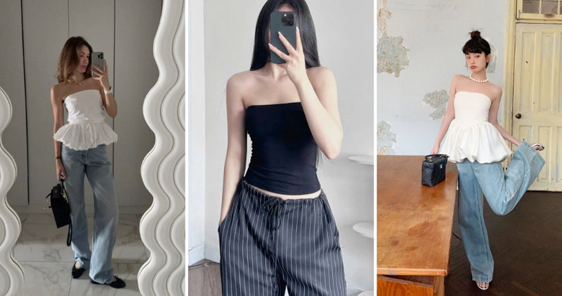 Áo quây khoe vai trần mix cùng quần suông cạp cao đi biển cực kỳ sành điệu